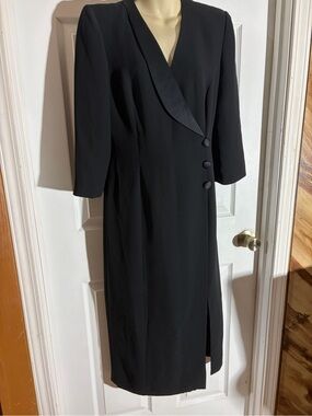 Vintage Maggy London Black Tuxedo Wrap Midi Dress Button Detail Satin Lapel Sz 8